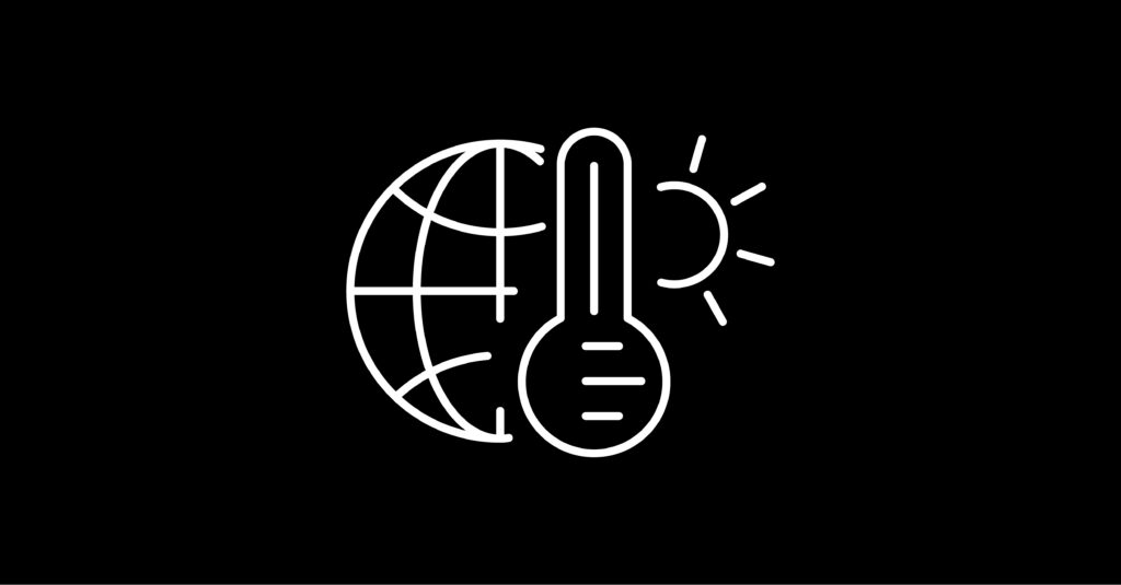 Icon illustrating globe, sun and thermometer on a black background