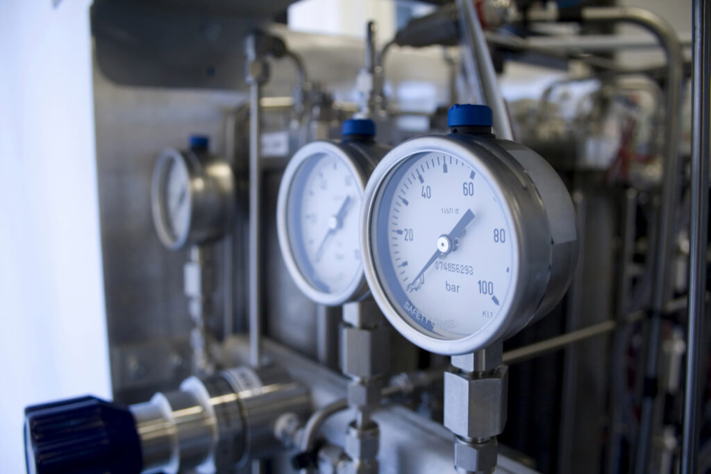 A pressure gauge in a ship’s engine room