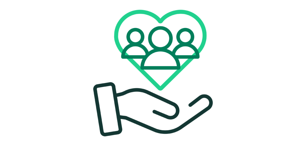Icon illustrating a hand and a heart with persons inside